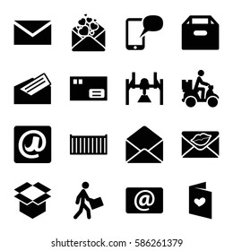  Set of 16 mail filled icons such as mail, cargo box, box, courier, courier on motorcycle, love letter, envelope, email, at email, letter, message on phone