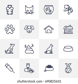 Set Of 16 Mammal Outline Icons Set.Collection Of Sitting, Pile Of Poo, Puppy And Other Elements.