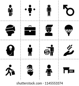 Set of 16 man filled icons such as harvest, case, car service, businessman, idea, parachute, vr, grandfather, man sign, boy, santa claus