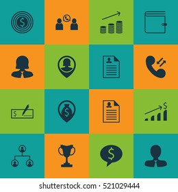 Set Of 16 Management Icons. Can Be Used For Web, Mobile, UI And Infographic Design. Includes Elements Such As Success, Phone, Conference And More.