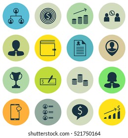 Set Of 16 Management Icons. Can Be Used For Web, Mobile, UI And Infographic Design. Includes Elements Such As Prize, Female, Conference And More.