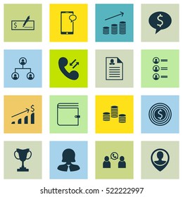 Set Of 16 Management Icons. Can Be Used For Web, Mobile, UI And Infographic Design. Includes Elements Such As Money, User, Success And More.