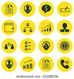 Set Of 16 Management Icons. Can Be Used For Web, Mobile, UI And Infographic Design. Includes Elements Such As Map, Cellular, Career And More.