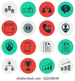Set Of 16 Management Icons. Can Be Used For Web, Mobile, UI And Infographic Design. Includes Elements Such As Resume, Increase, Cellular And More.