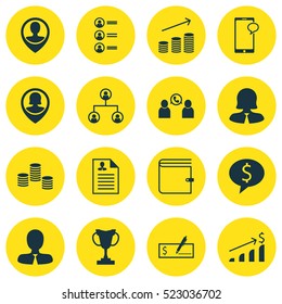 Set Of 16 Management Icons. Can Be Used For Web, Mobile, UI And Infographic Design. Includes Elements Such As Wallet, Discussion, Female And More.