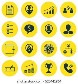 Set Of 16 Management Icons. Can Be Used For Web, Mobile, UI And Infographic Design. Includes Elements Such As Cellular Data, Money Navigation, Successful Investment And More.