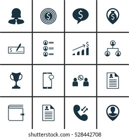 Set Of 16 Management Icons. Can Be Used For Web, Mobile, UI And Infographic Design. Includes Elements Such As Wallet, Curriculum Vitae, Phone Conference And More.