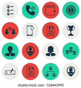 Set Of 16 Management Icons. Can Be Used For Web, Mobile, UI And Infographic Design. Includes Elements Such As Bank Payment, Female Application, Business Woman And More.