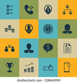 Set Of 16 Management Icons. Can Be Used For Web, Mobile, UI And Infographic Design. Includes Elements Such As Money, Tree Structure, Curriculum Vitae And More.