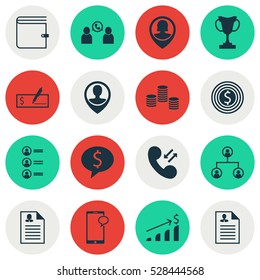 Set Of 16 Management Icons. Can Be Used For Web, Mobile, UI And Infographic Design. Includes Elements Such As Business Deal, Employee Location, Tournament And More.