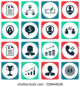 Set Of 16 Management Icons. Can Be Used For Web, Mobile, UI And Infographic Design. Includes Elements Such As Coins Growth, Female Application, Bank Payment And More.