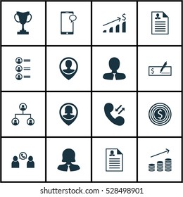 Set Of 16 Management Icons. Can Be Used For Web, Mobile, UI And Infographic Design. Includes Elements Such As Employee Location, Tree Structure, Curriculum Vitae And More.