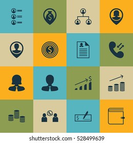 Set Of 16 Management Icons. Can Be Used For Web, Mobile, UI And Infographic Design. Includes Elements Such As Business Woman, Female Application, Money Navigation And More.