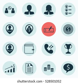 Set Of 16 Management Icons. Can Be Used For Web, Mobile, UI And Infographic Design. Includes Elements Such As Bank Payment, Cellular Data, Phone Conference And More.