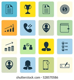 Set Of 16 Management Icons. Can Be Used For Web, Mobile, UI And Infographic Design. Includes Elements Such As Successful Investment, Manager, Curriculum Vitae And More.
