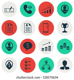 Set Of 16 Management Icons. Can Be Used For Web, Mobile, UI And Infographic Design. Includes Elements Such As Money Navigation, Job Applicants, Pin Employee And More.