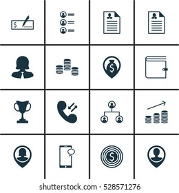 Set Of 16 Management Icons. Can Be Used For Web, Mobile, UI And Infographic Design. Includes Elements Such As Money, Job Applicants, Tree Structure And More.