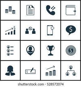 Set Of 16 Management Icons. Can Be Used For Web, Mobile, UI And Infographic Design. Includes Elements Such As Business Goal, Cellular Data, Curriculum Vitae And More.