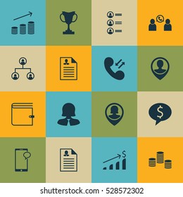 Set Of 16 Management Icons. Can Be Used For Web, Mobile, UI And Infographic Design. Includes Elements Such As Wallet, Female Application, Pin Employee And More.