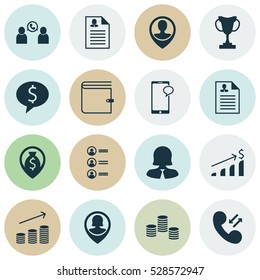 Set Of 16 Management Icons. Can Be Used For Web, Mobile, UI And Infographic Design. Includes Elements Such As Coins Growth, Female Application, Money Navigation And More.