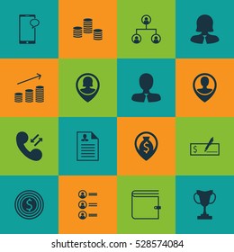 Set Of 16 Management Icons. Can Be Used For Web, Mobile, UI And Infographic Design. Includes Elements Such As Wallet, Business Goal, Messaging And More.