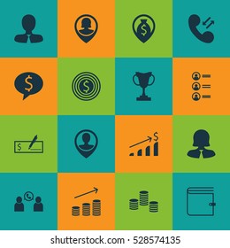 Set Of 16 Management Icons. Can Be Used For Web, Mobile, UI And Infographic Design. Includes Elements Such As Bank Payment, Cellular Data, Wallet And More.