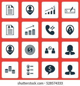 Set Of 16 Management Icons. Can Be Used For Web, Mobile, UI And Infographic Design. Includes Elements Such As Phone Conference, Bank Payment, Money And More.