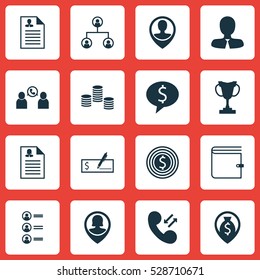 Set Of 16 Management Icons. Can Be Used For Web, Mobile, UI And Infographic Design. Includes Elements Such As Female Application, Tournament, Money And More.