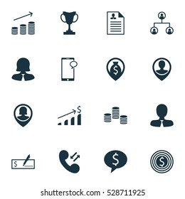 Set Of 16 Management Icons. Can Be Used For Web, Mobile, UI And Infographic Design. Includes Elements Such As Money Navigation, Cellular Data, Tree Structure And More.