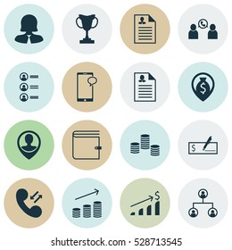 Set Of 16 Management Icons. Can Be Used For Web, Mobile, UI And Infographic Design. Includes Elements Such As Coins Growth, Business Woman, Curriculum Vitae And More.