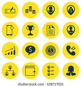 Set Of 16 Management Icons. Can Be Used For Web, Mobile, UI And Infographic Design. Includes Elements Such As Money Navigation, Messaging, Successful Investment And More.