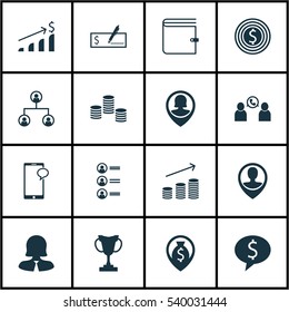 Set Of 16 Management Icons. Includes Tree Structure, Tournament, Money Navigation And Other Symbols. Beautiful Design Elements.