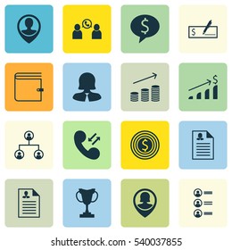Set Of 16 Management Icons. Includes Phone Conference, Cellular Data, Business Woman And Other Symbols. Beautiful Design Elements.