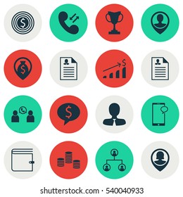 Set Of 16 Management Icons. Includes Female Application, Business Deal, Employee Location And Other Symbols. Beautiful Design Elements.