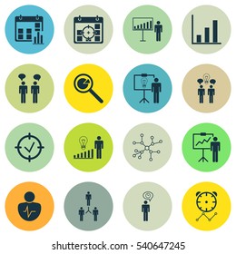 Set Of 16 Management Icons. Includes Planning, Co-Working, Approved Target And Other Symbols. Beautiful Design Elements.