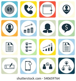 Set Of 16 Management Icons. Includes Business Woman, Messaging, Curriculum Vitae And Other Symbols. Beautiful Design Elements.