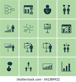 Set Of 16 Management Icons. Includes Opinion Analysis, Project Targets, Presentation Date And Other Symbols. Beautiful Design Elements.