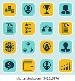 Set Of 16 Management Icons. Includes Money, Successful Investment, Job Applicants And Other Symbols. Beautiful Design Elements.