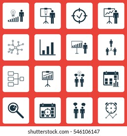 Set Of 16 Management Icons. Includes Special Demonstration, Solution Demonstration, Report Demonstration And Other Symbols. Beautiful Design Elements.