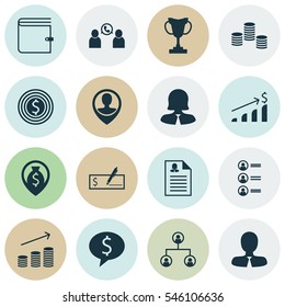 Set Of 16 Management Icons. Includes Female Application, Business Deal, Money And Other Symbols. Beautiful Design Elements.
