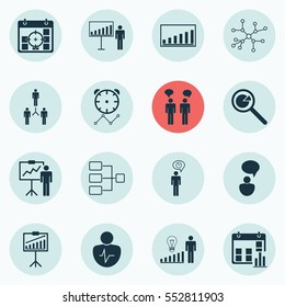 Set Of 16 Management Icons. Includes System Structure, Report Demonstration, Team Meeting And Other Symbols. Beautiful Design Elements.