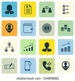 Set Of 16 Management Icons. Includes Money, Pin Employee, Tree Structure And Other Symbols. Beautiful Design Elements.