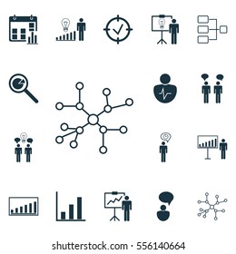 Set Of 16 Management Icons. Includes Company Statistics, Approved Target, Decision Making And Other Symbols. Beautiful Design Elements.
