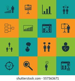 Set Of 16 Management Icons. Includes Approved Target, Opinion Analysis, Project Analysis And Other Symbols. Beautiful Design Elements.