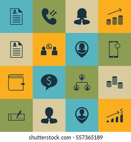 Set Of 16 Management Icons. Includes Employee Location, Coins Growth, Messaging And Other Symbols. Beautiful Design Elements.
