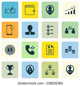 Set Of 16 Management Icons. Includes Successful Investment, Cellular Data, Money And Other Symbols. Beautiful Design Elements.