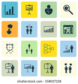 Set Of 16 Management Icons. Includes Report Demonstration, Special Demonstration, Opinion Analysis And Other Symbols. Beautiful Design Elements.