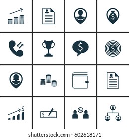 Set Of 16 Management Icons. Includes Wallet, Tree Structure, Coins Growth And Other Symbols. Beautiful Design Elements.
