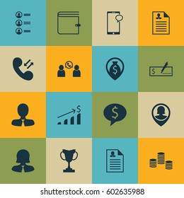 Set Of 16 Management Icons. Includes Tournament, Money, Phone Conference And Other Symbols. Beautiful Design Elements.