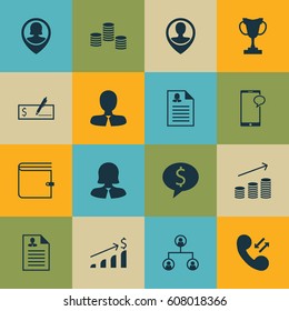 Set Of 16 Management Icons. Includes Coins Growth, Manager, Female Application And Other Symbols. Beautiful Design Elements.